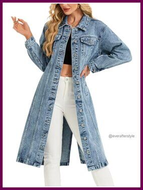 Denim Trench Coat Midi Long Jean Jacket Button Down Pockets